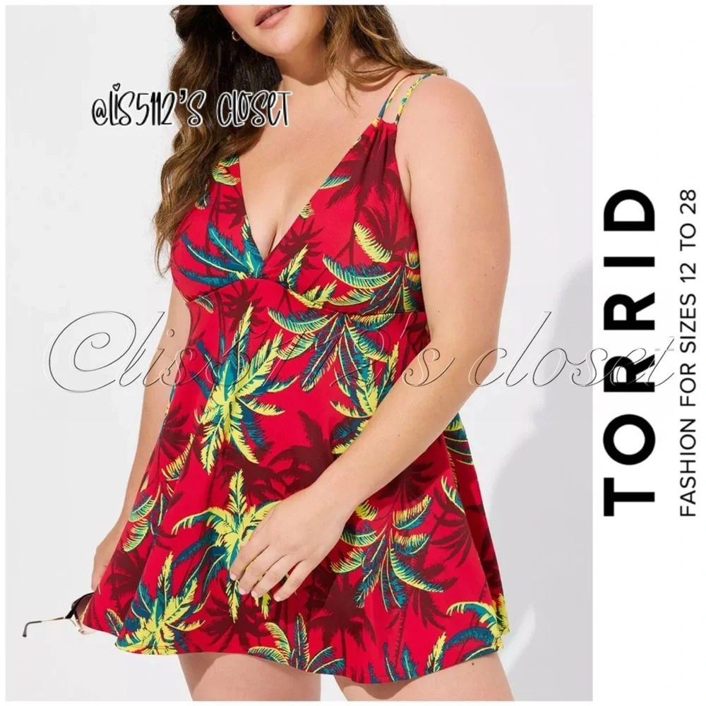 Torrid Red Tropical Shadow Retro Wireless Plunge Swim Dress Swimsuit 1X 14 16 - Picture 1 of 14